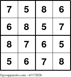 The grouppuzzles.com Answer grid for the Sudoku-4-5678 puzzle for Wednesday June 17, 2026