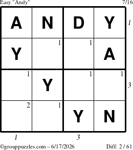 The grouppuzzles.com Easy Andy puzzle for Wednesday June 17, 2026, suitable for printing, with all 2 steps marked