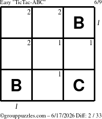 The grouppuzzles.com Easy TicTac-ABC puzzle for Wednesday June 17, 2026 with all 2 steps marked