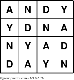 The grouppuzzles.com Answer grid for the Andy puzzle for Wednesday June 17, 2026
