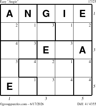 The grouppuzzles.com Easy Angie puzzle for Wednesday June 17, 2026, suitable for printing, with all 4 steps marked