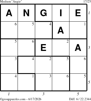 The grouppuzzles.com Medium Angie puzzle for Wednesday June 17, 2026 with all 6 steps marked