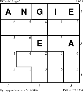 The grouppuzzles.com Difficult Angie puzzle for Wednesday June 17, 2026 with all 6 steps marked