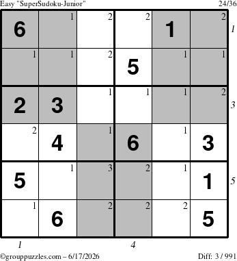 The grouppuzzles.com Easy SuperSudoku-Junior puzzle for Wednesday June 17, 2026 with all 3 steps marked