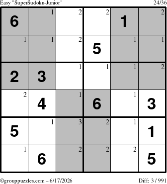 The grouppuzzles.com Easy SuperSudoku-Junior puzzle for Wednesday June 17, 2026 with the first 3 steps marked