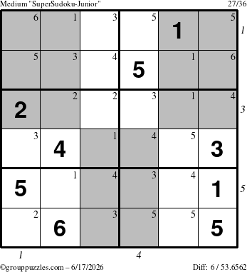 The grouppuzzles.com Medium SuperSudoku-Junior puzzle for Wednesday June 17, 2026 with all 6 steps marked