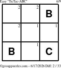 The grouppuzzles.com Easy TicTac-ABC puzzle for Wednesday June 17, 2026 with the first 2 steps marked
