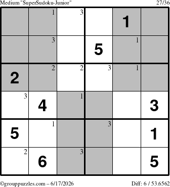 The grouppuzzles.com Medium SuperSudoku-Junior puzzle for Wednesday June 17, 2026 with the first 3 steps marked