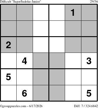 The grouppuzzles.com Difficult SuperSudoku-Junior puzzle for Wednesday June 17, 2026