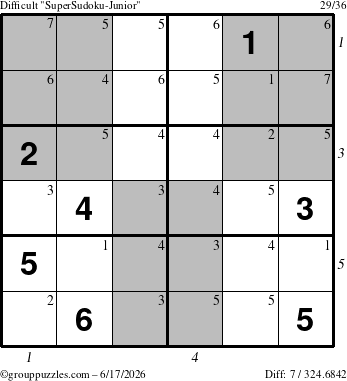 The grouppuzzles.com Difficult SuperSudoku-Junior puzzle for Wednesday June 17, 2026, suitable for printing, with all 7 steps marked