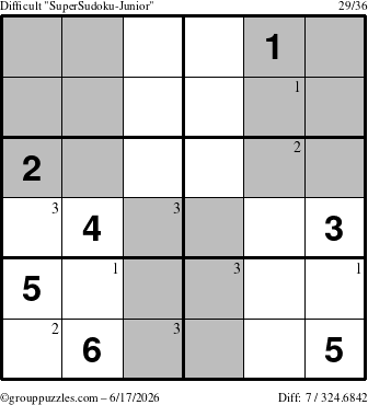 The grouppuzzles.com Difficult SuperSudoku-Junior puzzle for Wednesday June 17, 2026 with the first 3 steps marked