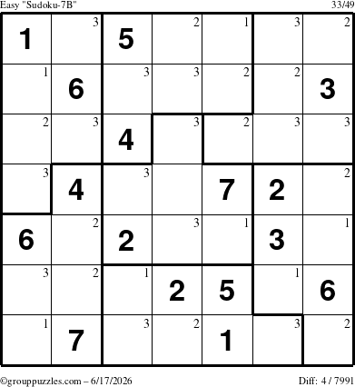 The grouppuzzles.com Easy Sudoku-7B puzzle for Wednesday June 17, 2026 with the first 3 steps marked