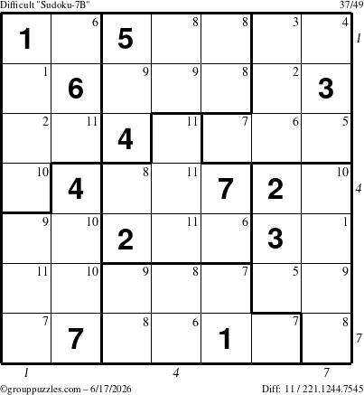 The grouppuzzles.com Difficult Sudoku-7B puzzle for Wednesday June 17, 2026, suitable for printing, with all 11 steps marked
