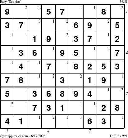 The grouppuzzles.com Easy Sudoku puzzle for Wednesday June 17, 2026 with all 3 steps marked
