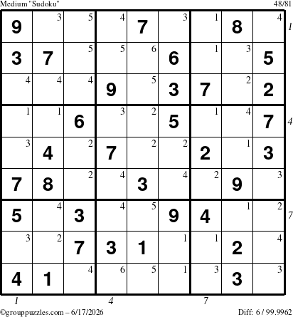 The grouppuzzles.com Medium Sudoku puzzle for Wednesday June 17, 2026 with all 6 steps marked
