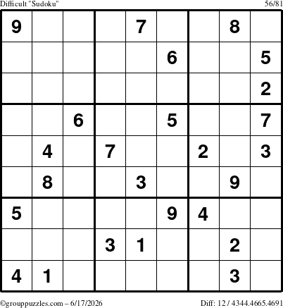 The grouppuzzles.com Difficult Sudoku puzzle for Wednesday June 17, 2026