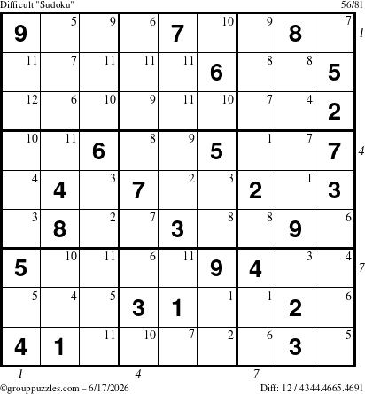 The grouppuzzles.com Difficult Sudoku puzzle for Wednesday June 17, 2026 with all 12 steps marked