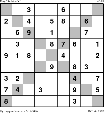 The grouppuzzles.com Easy Sudoku-X puzzle for Wednesday June 17, 2026