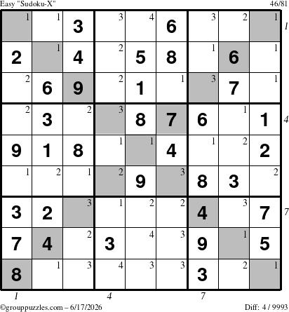 The grouppuzzles.com Easy Sudoku-X puzzle for Wednesday June 17, 2026 with all 4 steps marked