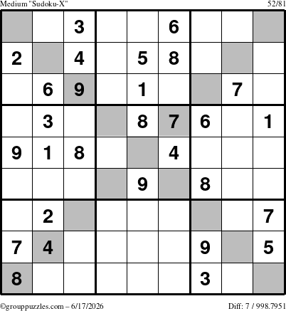 The grouppuzzles.com Medium Sudoku-X puzzle for Wednesday June 17, 2026