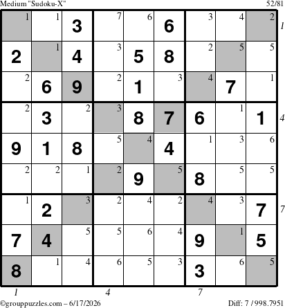 The grouppuzzles.com Medium Sudoku-X puzzle for Wednesday June 17, 2026, suitable for printing, with all 7 steps marked