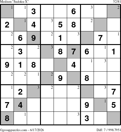 The grouppuzzles.com Medium Sudoku-X puzzle for Wednesday June 17, 2026 with the first 3 steps marked