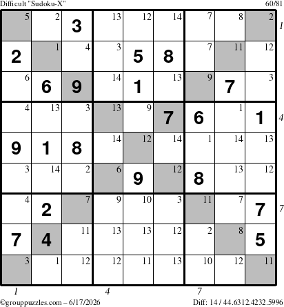 The grouppuzzles.com Difficult Sudoku-X puzzle for Wednesday June 17, 2026, suitable for printing, with all 14 steps marked