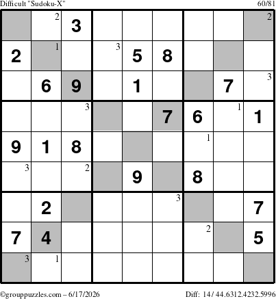 The grouppuzzles.com Difficult Sudoku-X puzzle for Wednesday June 17, 2026 with the first 3 steps marked