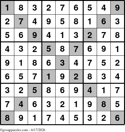 The grouppuzzles.com Answer grid for the Sudoku-X puzzle for Wednesday June 17, 2026