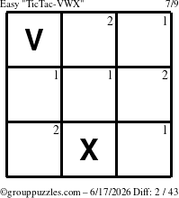 The grouppuzzles.com Easy TicTac-VWX puzzle for Wednesday June 17, 2026 with the first 2 steps marked