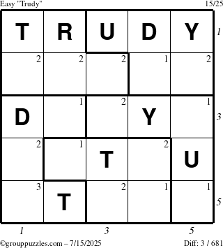 The grouppuzzles.com Easy Trudy puzzle for Tuesday July 15, 2025, suitable for printing, with all 3 steps marked