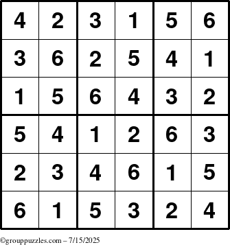 The grouppuzzles.com Answer grid for the Sudoku-6up puzzle for Tuesday July 15, 2025
