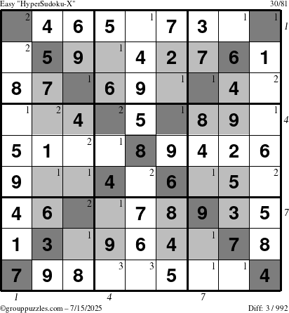 The grouppuzzles.com Easy HyperSudoku-X puzzle for Tuesday July 15, 2025 with all 3 steps marked