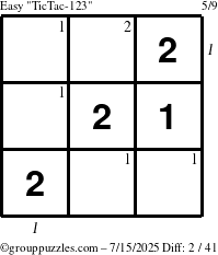 The grouppuzzles.com Easy TicTac-123 puzzle for Tuesday July 15, 2025, suitable for printing, with all 2 steps marked