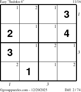 The grouppuzzles.com Easy Sudoku-4 puzzle for Saturday December 20, 2025, suitable for printing, with all 2 steps marked