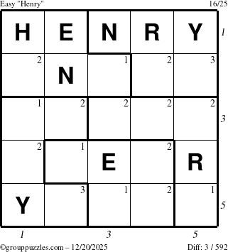 The grouppuzzles.com Easy Henry puzzle for Saturday December 20, 2025 with all 3 steps marked