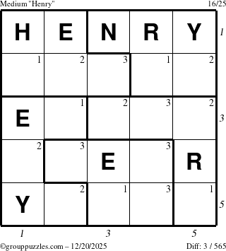 The grouppuzzles.com Medium Henry puzzle for Saturday December 20, 2025, suitable for printing, with all 3 steps marked