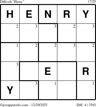 The grouppuzzles.com Difficult Henry puzzle for Saturday December 20, 2025 with the first 3 steps marked