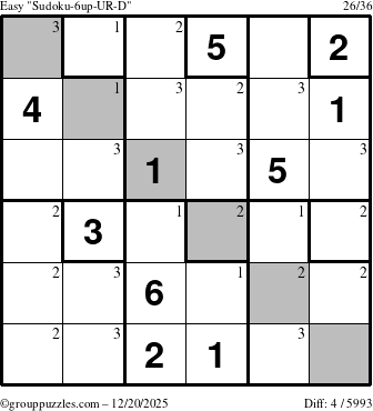 The grouppuzzles.com Easy Sudoku-6up-UR-D puzzle for Saturday December 20, 2025 with the first 3 steps marked