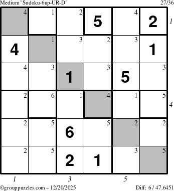 The grouppuzzles.com Medium Sudoku-6up-UR-D puzzle for Saturday December 20, 2025 with all 6 steps marked