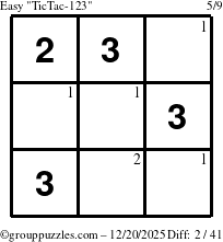 The grouppuzzles.com Easy TicTac-123 puzzle for Saturday December 20, 2025 with the first 2 steps marked