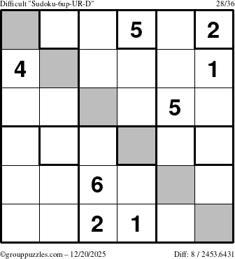The grouppuzzles.com Difficult Sudoku-6up-UR-D puzzle for Saturday December 20, 2025