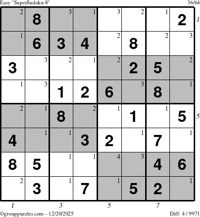 The grouppuzzles.com Easy SuperSudoku-8 puzzle for Saturday December 20, 2025 with all 4 steps marked