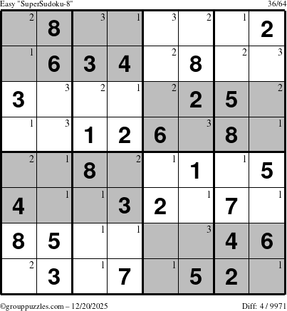 The grouppuzzles.com Easy SuperSudoku-8 puzzle for Saturday December 20, 2025 with the first 3 steps marked