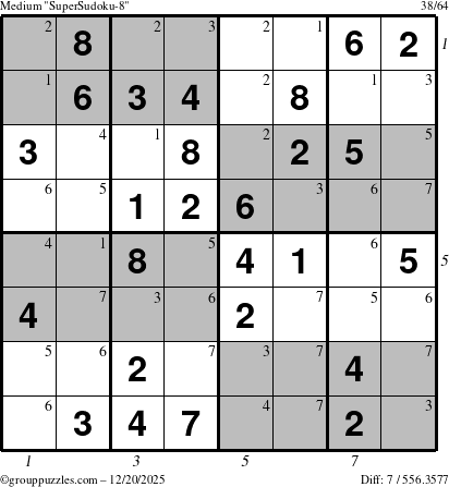 The grouppuzzles.com Medium SuperSudoku-8 puzzle for Saturday December 20, 2025, suitable for printing, with all 7 steps marked