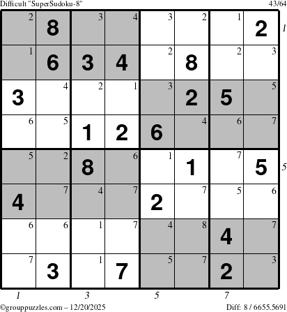 The grouppuzzles.com Difficult SuperSudoku-8 puzzle for Saturday December 20, 2025, suitable for printing, with all 8 steps marked