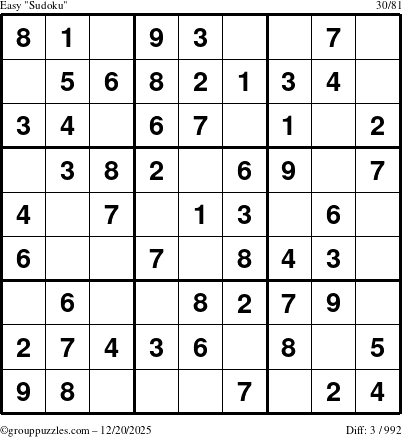 The grouppuzzles.com Easy Sudoku puzzle for Saturday December 20, 2025