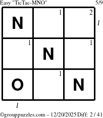 The grouppuzzles.com Easy TicTac-MNO puzzle for Saturday December 20, 2025 with all 2 steps marked