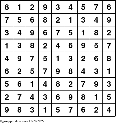 The grouppuzzles.com Answer grid for the Sudoku puzzle for Saturday December 20, 2025