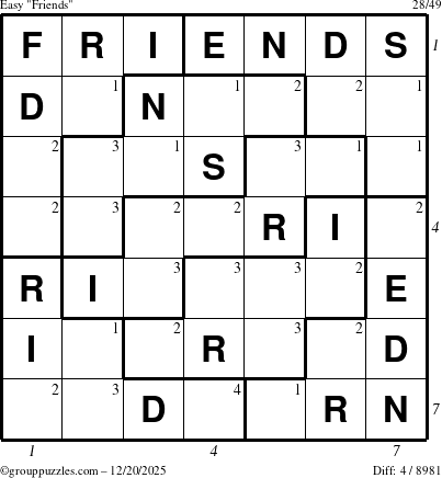 The grouppuzzles.com Easy Friends puzzle for Saturday December 20, 2025, suitable for printing, with all 4 steps marked